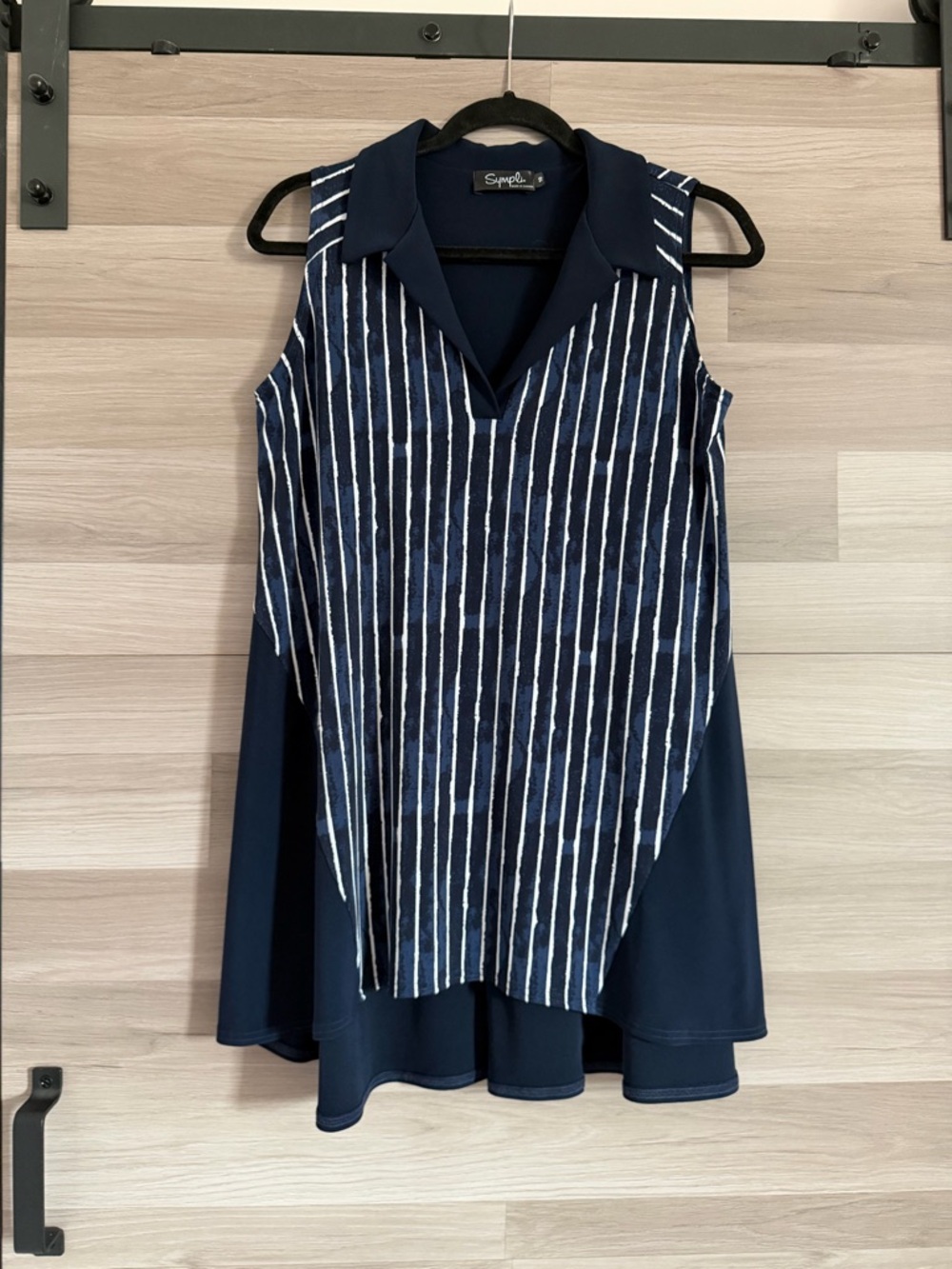 Sympli Go To Sleeveless Collared Tunic in Midnight/ White Pinstripe Print